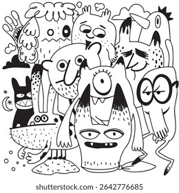 A cute and quirky cartoon monsters with various expressions and features create fun atmosphere