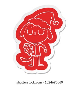 cute quirky cartoon  sticker of a dog wearing office shirt wearing santa hat