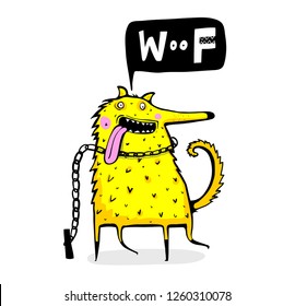 Cute Quirky Dog Speech Bubble Say Woof. Funny domestic dog barking on the leash.