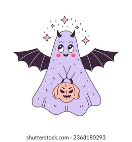 Un personaje fantasma peculiar en un estilo retro de caricatura. Fantasma cómico con alas de murciélago, jack o linterna y estrellas en forma de doodle esquemático. Diseño de feriado de Halloween. Ilustración del vector