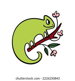 Cute quirky green color chameleon baby character. Adorable hand drawn flat cartoon illustration isolated on white background. Little tropical reptile sitting on tree branch. Childish groovy style