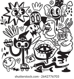 A cute and quirky halloween themed doodles featuring various playful characters and designs