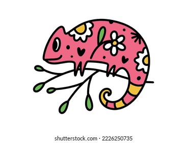 Cute quirky pink color chameleon baby character. Adorable hand drawn flat cartoon illustration isolated on white background. Little tropical reptile sitting on tree branch. Childish groovy style