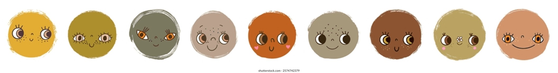 Cute quirky round cartoon faces, funny abstract vector characters with mouths and eyes, hand drawn doodle shapes with rough edges in neutral earthy brown autumn colors