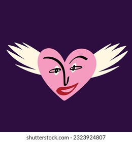 Un corazón rosado lindo y extraño en los relojes con una cara y unas alas sorprendentes y divertidas