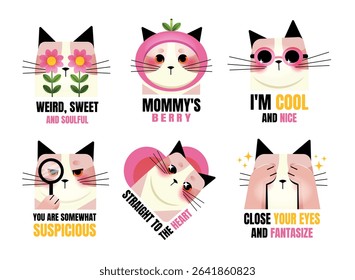 Cute and quirky vector illustration set featuring expressive cats with playful accessories and captions, showcasing different moods and personalities in a colorful, modern style.