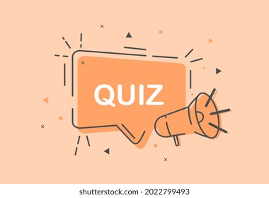 Cute quiz icon symbol on pastel orange background. Answer question sign. Thought speech bubble with quote. Quiz chat think megaphone message. Flat cartoon vector illustration