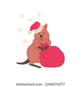 Cute quokka in Christmas hat holding big red bag full of gifts flat style, vector illustration isolated on white background. Design element for holiday postcard, funny animal character