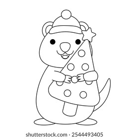 Cute Quokka with Christmas tree in black and white