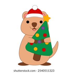 Cute Quokka with Christmas tree in color