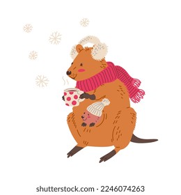 Cute quokka with cub, warm clothes and drink flat style, vector illustration isolated on white background. Winter weather, snowflakes, decorative design element for web and print