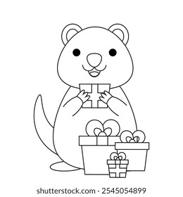 Cute Quokka with gift box in black and white