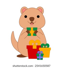 Cute Quokka with gift box in color