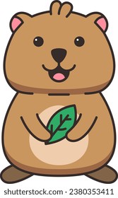 Cute quokka with a leaf. Vector illustration on white background.