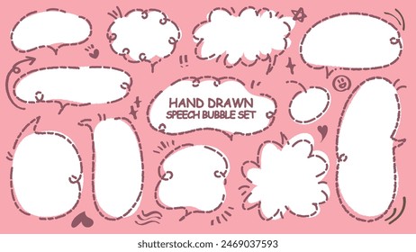Linda cita colorida burbuja de discurso. Conjunto de marco de memorándum dibujado a mano. Estilo cómico en blanco para texto. Variedad del globo de chat. Doodle crayón dibujando nube. Caja de voz a mano alzada divertida de la historieta Mensaje de Vector plano