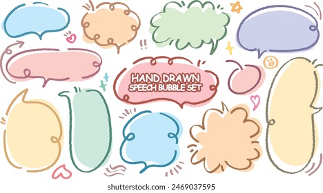 Cute quote colorful speech bubble. Set of hand drawn memo frame. Comic style blank for text. Variety of chat balloon. Doodle crayon drawing cloud. Cartoon funny freehand speech box Flat vector message