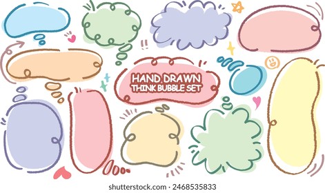 Cute quote colorful think bubble. Set of hand drawn memo frame. Comic style blank for text. Variety of chat balloon. Doodle crayon drawing cloud. Cartoon funny freehand speech box Flat vector message