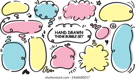 Cute quote colorful think bubble. Set of hand drawn memo frame. Comic style blank for text. Variety of chat balloon. Doodle crayon drawing cloud. Cartoon funny freehand speech box Flat vector message