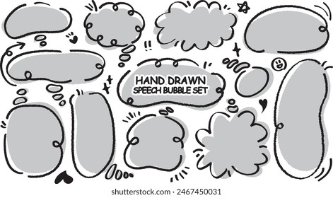Cute quote grayscale speech bubble. Set of hand drawn memo frame. Comic style blank for text. Variety of chat balloon. Doodle crayon drawing cloud. Cartoon funny freehand speech box. Vector message.