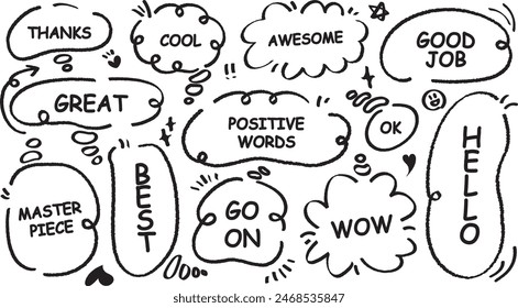 Cute quote outline draw speech bubble. Set of hand drawn memo frame. Comic style blank for text. Variety of chat balloon. Doodle crayon drawing cloud Cartoon funny freehand speech box. Vector message