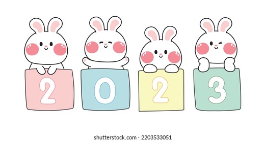 Cute rabbit with 2023 text on pastel box.Animal character design.Happy new year.Holiday.Isolated.Kawaii.Vector.Illustration.