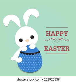 cute rabbit above blue easter egg and word " happy easter ".