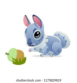 Cute rabbit with an acorn isolated on white background. Vector illustration of cartoon gray hare. Mid Autumn Festival collection