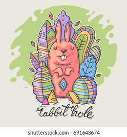 Cute Rabbit among decorative leaves. Vector cartoon illustration for print and web