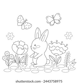 Cute rabbit among flowers and butterflies. Cartoon rabbit in nature. Simple childish coloring book. Kids vector illustration.