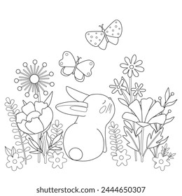 Cute rabbit among flowers and butterflies. Cartoon rabbit in nature. Simple childish coloring book. Kids vector illustration.