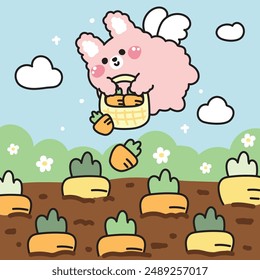 Cute rabbit angels flying hold carrot basket on sky background.Easter.Bunny.Vegetables farm.Rodent animal character cartoon design.Image for card,poster,sticker.Baby product.Kawaii.Vector.Illustration