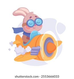 Cute Rabbit Animal Character in Goggles Fly Airplane Vector Illustration