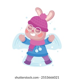 Cute Rabbit Animal Character Make Snow Angel Vector Illustration