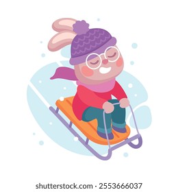 Cute Rabbit Animal Character Ride Sledge Vector Illustration