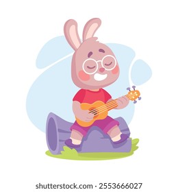 Cute Rabbit Animal Character Sit on Log and Play Guitar Vector Illustration