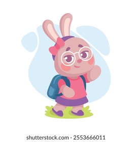 Cute Rabbit Animal Character Walk in School with Backpack Vector Illustration