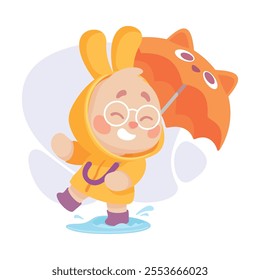 Cute Rabbit Animal Character Walk in Rainy Day with Umbrella Vector Illustration