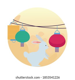 cute rabbit animal with chinese lamps vector illustration design