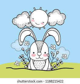 cute rabbit animal with flowers and happy sun