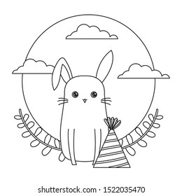cute rabbit animal with hat party and crown leafs vector illustration design