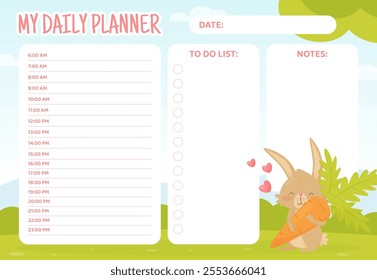 Cute Rabbit Animal with Long Ears Empty Weekly Planner Vector Template