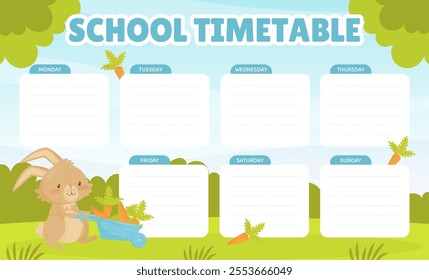 Cute Rabbit Animal with Long Ears Empty Timetable Vector Template