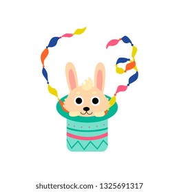 Cute Rabbit Appearing From Magician Hat, Funny Animal Performing in Circus Show Vector Illustration