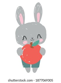 Cute rabbit with apple on white background vector illustration print design 