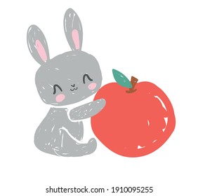 Cute Kaninchen mit Apfel auf weißem Hintergrund, Vektorgrafik, sonniges Design 