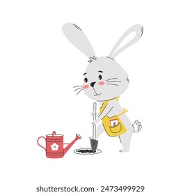 A cute rabbit in a apron digging with a shovel, planting a carrot. Bunny gardener. cartoon animal character. Simple vector illustration isolated on white