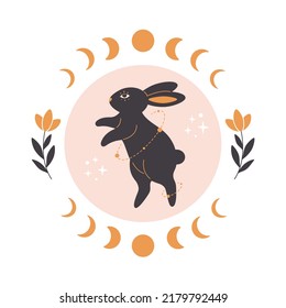 Cute rabbit with astrology, botany and esoteric elements. Year of the Rabbit 2023. Hand drawn vector illustration
