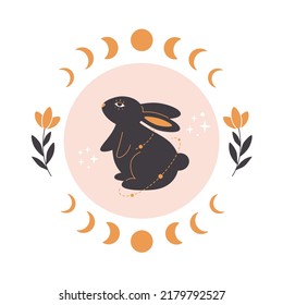 Cute rabbit with astrology, botany and esoteric elements. Year of the Rabbit 2023. Hand drawn vector illustration