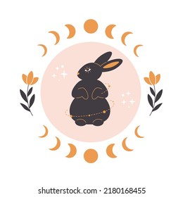 Cute rabbit with astrology, botany and esoteric elements. Year of the Rabbit 2023. Hand drawn vector illustration
