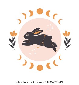 Cute rabbit with astrology, botany and esoteric elements. Year of the Rabbit 2023. Hand drawn vector illustration